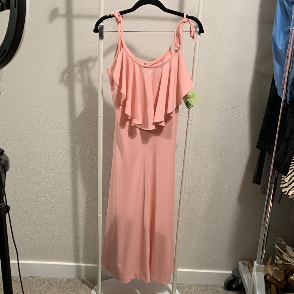1970 Vintage Miss K Alfred Shaheen NWT Elegant Pink Dress with Ruffle Accent